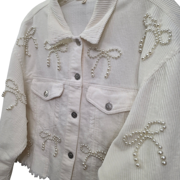 Nwot Peach Love Ivory Cordoroy Pearl Bows Cropped Raw Edge Collared Jacket - Picture 10 of 17